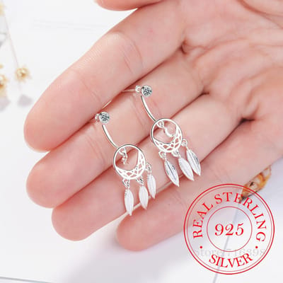 Mode 925 Sterling Zilver Maan Dromenvanger Oorknopjes voor Vrouwen Vintage Sterling Zilver Veer Kwastjes Sieraden beige