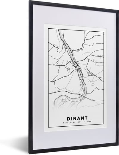 Fotolijst incl. Poster Zwart Wit- Zwart Wit – België – Plattegrond – Stadskaart – Kaart – Dinant - 40x60 cm - Posterlijst