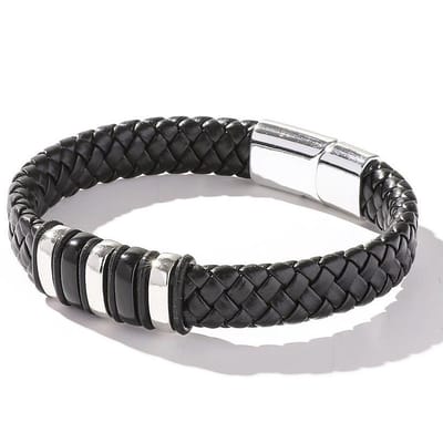 Armband Heren - Zwart Leer met Zilver kleurige Accenten - Leren Armbanden - Papa Cadeau Voor Mannen - Vaderdag