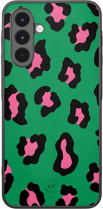 Leuke Telefoonhoesjes - Hoesje geschikt voor Samsung Galaxy A16 - Luipaard groen roze - Backcover zwart - Luipaardprint - Groen, Roze