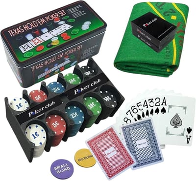 Thijox - Pokerset Voor Pokerspellen + 2 Pakken Plastic Pokerkaarten, Luxe Metalen Doos, Speelmat, Perfect Voor Feesten, Avonden Met Vrienden, Beginner