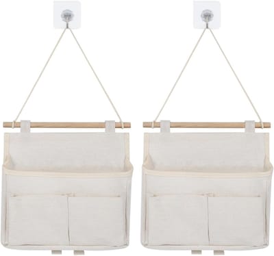 Witte hangende organizer met 2 compartimenten, waterdicht en ideaal voor badkamer en camping, inclusief houten lus en 2 haken