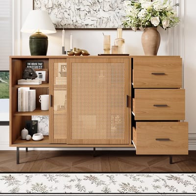 Intebiki Opbergkast - Dressoir van rotan - Voorzien van 2 schuifdeuren en 3 lades met verstelbare planken - Geschikt voor woonkamer en eetkamer - Natuurlijke kleur - Afmetingen: 140 cm breed / 91 cm hoog / 37 cm diep