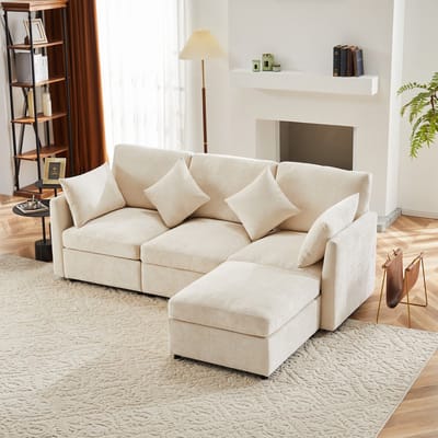 Wishdor - Hoekbank Met Verplaatsbare Hocker - Chenille - Beige - 216 x 161 x 81 cm