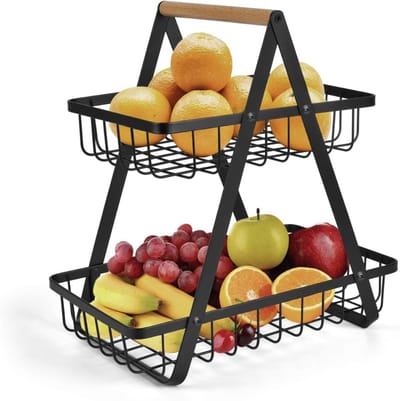 Aura® Fruit etagere - Fruitmand 2 Laags - Fruitschaal - Bamboe Hout en Metaal - Staande Fruitmand Etagere - Aardappelbak - Aanrecht Organiser - Fruitkistje- Zwart - ‎24cm x 30cm x 30cm