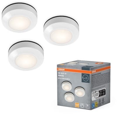 OSRAM DOT-IT 3-Pack LED Lampen, 0. 68W, 40lm, 3000K Warm Wit, Touch Aan/Uit, batterijgevoed, Wit, ABS, rond