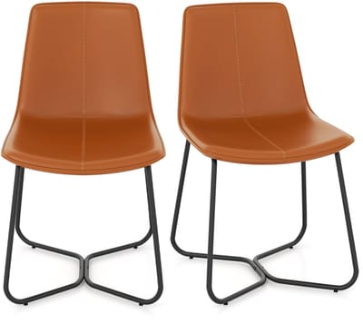 COSTWAY Eetkamerstoelen Set van 2, keukenstoelen bekleed met kunstleer met metalen poten, accentstoelen zonder armleuningen, belastbaar tot 150 kg, gestoffeerde stoelen voor eetkamer, woonkamer, bruin