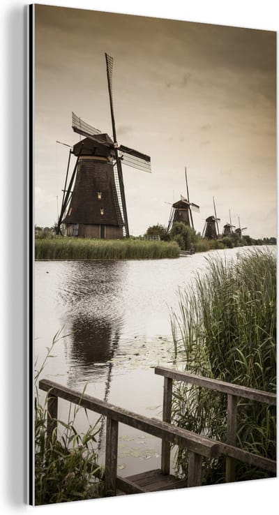 Aluminium schilderij 120x180 cm - Wanddecoratie metaal - Molen - Brug - Nederland - Metalen muurdecoratie woonkamer - Decoratie industrieel - Foto op dibond - Industriële accessoires slaapkamer