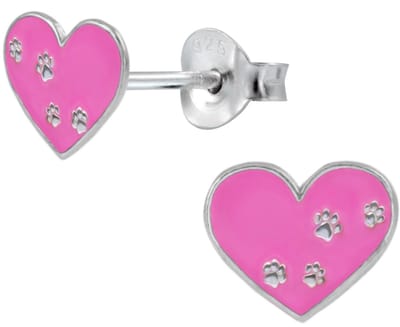 Joy|S - Zilveren hartje oorbellen - 9 x 8 mm - roze met dierenpootjes