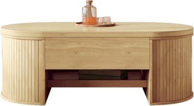 Salontafel - Verstelbaar Tafelblad en Uitschuifbaar Rek - Gebogen Houten Zijkanten - Hout - Naturel
