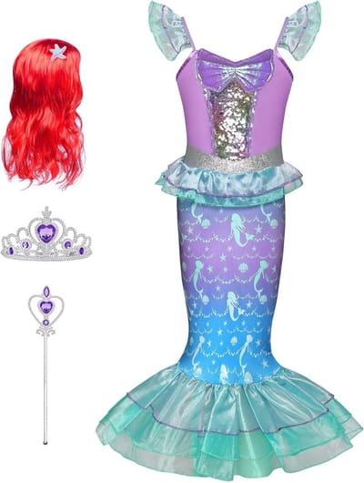 Betoverende Zeemeermin Kostuum voor Kinderen, Prinses Outfit met Pruik, Kroon en Toverstaf, Perfect voor Halloween en Carnaval