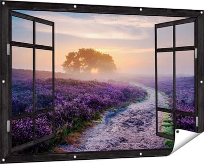 Gards Tuinposter Doorkijk Pad in de Weide van de Veluwe - 150x100 cm - Tuindoek - Tuindecoratie - Wanddecoratie buiten - Tuinschilderij