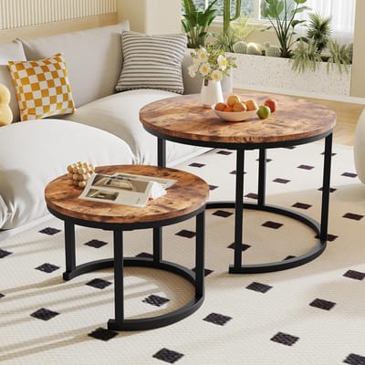 Ronde set van 2 salontafels met metalen frame en eiken blad voor moderne interieurs