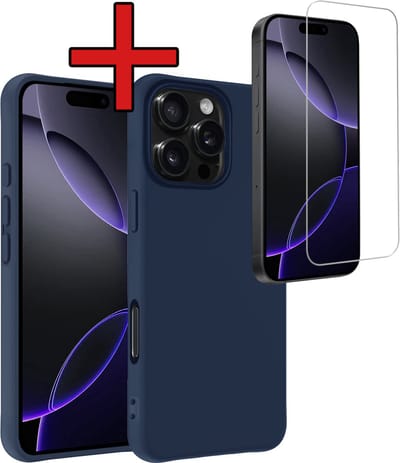 Hoesje - Met Screenprotector - Geschikt voor Apple iPhone 16 Pro - Sterk & Shockproof - Telefoon Hoes - Back Cover - Siliconen Case - Telefoonhoes - Donkerblauw