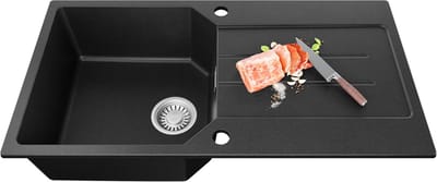 Anycee max Spoelbak Met Kraangat - Granieten Keuken 86x45CM - Spoelbak Keuken - Met Afdruiprek en Waterafvoersysteem - 80% Kwarts Zand Spoelbak Keuken - Zwart