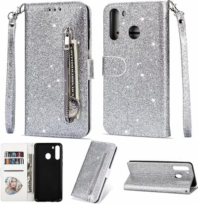 Portemonnee Hoesje - Wallet Case - Rits Sparkly Glitter - Telefoonhoes met Kord Geschikt voor: Samsung Galaxy M11 - Zilver