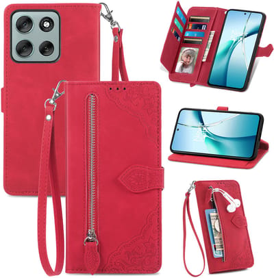 Telestore - Portemonnee met rits - book-case hoesje - 7 pasjes - mandala bloemen rood - telefoonhoesje geschikt voor Motorola Moto G56 5G