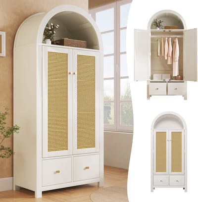 Kledingkast - 181x78x45 cm - Rattan Landhuis Open vak + 2 deuren + 2 lades - magnetisch - - Wit