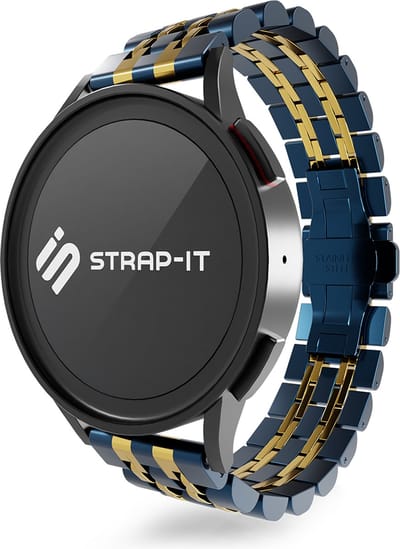 Strap-it Smartwatch bandje 20mm - Luxe duo stalen schakel horlogeband geschikt voor Samsung Galaxy Watch 3 41mm / Galaxy Watch 42mm / Galaxy Watch Active & Active2 / Gear Sport - Polar Ignite / Ignite 2 / Unite / Pacer - blauw/goud