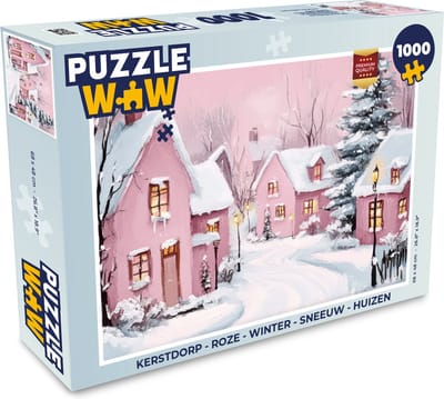 Puzzel Kerstdorp - Roze - Winter - Sneeuw - Huizen - Legpuzzel - Puzzel 1000 stukjes volwassenen - Kerst - Cadeau - Kerstcadeau voor mannen, vrouwen en kinderen