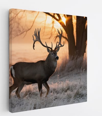 Saammp Canvas Schilderij - hert met zonsopgang in bevroren gras - Natuur - Dieren - 20x20 - Foto op canvas - Wanddecoratie - Muurdecoratie Woonkamer - Slaapkamer decoratie - Canvas Print