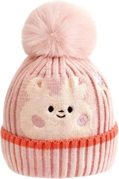 Schattige wintermuts voor meisjes met konijnenpatroon en pompon, zachte gebreide muts voor de koude maanden