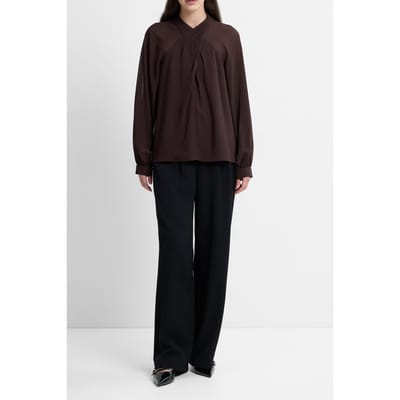 French Connection Eden Ggt Ls Wrap Blouse Bitter Chocolate Maat: S | Longsleeves Outlet | Dames | Bruin