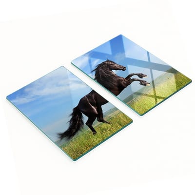 Set van twee glazen snijplanken voor in de keuken, afbeelding van een zwart paard in de wei, 2x40x52 cm