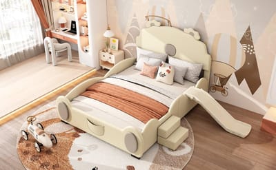 Kinderbed 140x200 - Berenvormig Bed Met Glijbaan En Ladder - PU - Makkelijk Schoon Te Maken - Beige