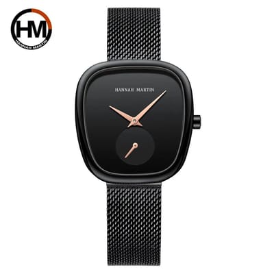 HANNAH MARTIN horloge met zwarte stalen polsband, zwarte wijzerplaat, zwarte horlogekast en gouden wijzers voor dames met stijl ( model 1251 BBB )