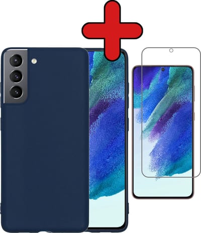 Hoesje - Met Screenprotector - Geschikt voor Samsung Galaxy S21 FE - Sterk & Shockproof - Telefoon Hoes - Back Cover - Siliconen Case - Telefoonhoes - Donkerblauw