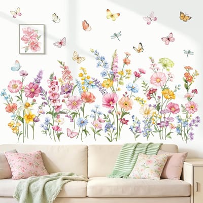 Muurstickers met Bloemen Aster Wilde Bloemen Gras Vlinders Muurstickers voor Meisjes Slaapkamer Woonkamer Kantoor Muurdecoratie