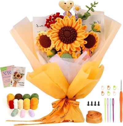 Haakset voor Beginners en Volwassenen, Zonnebloemen Haakboeket met Stap-voor-Stap Tutorials, Creatieve DIY Knutselset voor Verjaardagscadeaus en Handgemaakte Kunst