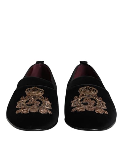 Dolce & Gabbana Zwarte Fluwelen Gouden Kroon Heren Instappers