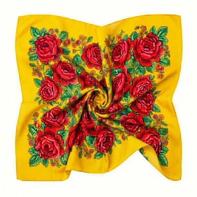 Gele bloemen bandana voor dames – vierkante bandana met rood bloemmotief – zachte lichtgewicht hoofddoek voor dagelijks gebruik