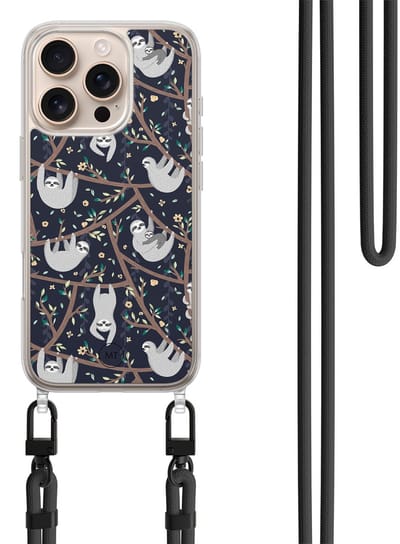 Hoesje met koord geschikt voor iPhone 16 Pro - Luiaard print - Inclusief zwart koord - Crossbody beschermhoes - Transparant, Beige - Mooie Telefoonhoesjes