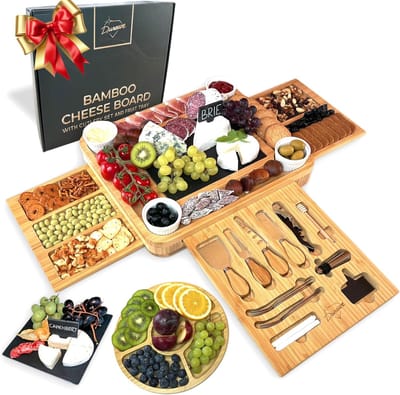SnelShoppen - Bamboo Cheese Board en Mes Set met Keramische Schalen en Wijnopener - 100% Organisch Hout Serveerplank voor Feestjes, Verjaardagscadeaus