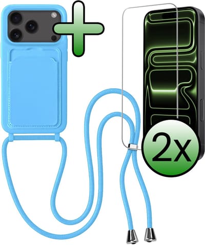 Hoes Geschikt voor iPhone 17 Pro / 18 Pro Hoesje Pas Houder Case Hoes Met Koord Met 2x Screenprotector - Hoesje Geschikt voor iPhone 17 Pro / 18 Pro Hoes Met Telefoonkoord Pasjeshouder Cover - Lichtblauw