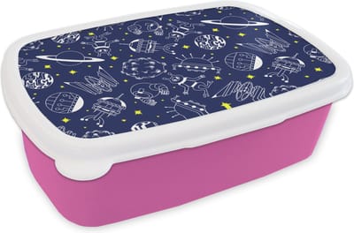 Broodtrommel Roze - Lunchbox - Brooddoos - Ruimte - Sterren - Patronen - Planeten - 18x12x6 cm - Kinderen - Meisje