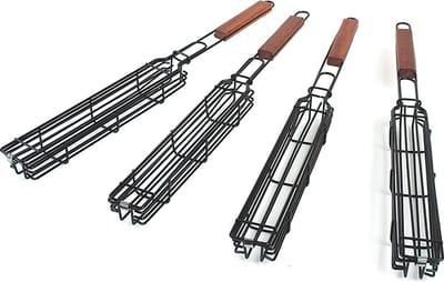 Grillrooster - BBQ - Set van 4 - Grillmandje - Barbecue accessoires - Groenterooster - BBQ klem - Vismandje - Vleesmandje - Spiesmand - Keukengerei - RVS - Hout - 5 x 49 x 3,5 cm