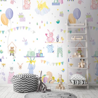 Fotobehang Profhome 391881-GU vliesbehang hardvinyl warmdruk in reliëf glad met kinder patroon mat purper roze geel blauw 1,59 m x 2,8 m