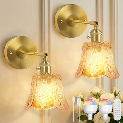 MUPOO Wandlamp binnen oplaadbaar met afstandsbediening –Vintage 2 in 1 draadloze/bedraad dimbaar bedlampjes Gegraveerd Glas met Tulpvorm kap wand- Zonder boren&Timer – nachtlampje wand voor slaapkamer café gang-2 stuks
