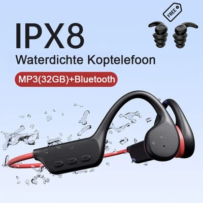 Bone Conduction Headphone - IPX8 Waterdicht - 32GB Geheugen - Open-Ear Draadloze Koptelefoon met Microfoon - Sport & Zwemmen - Gratis zwem oordoppen