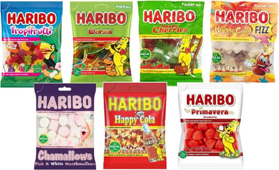 Haribo Mixpakket Halal Snoep (Cola, Zure Cola, Kers, Wormpjes, Tropifrutti, Aardbei, Marshmallows) (7 soorten) (650Gr)