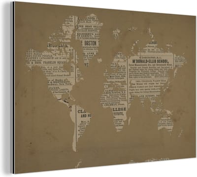 Wanddecoratie Metaal - Aluminium Schilderij Industrieel - Wereldkaart - Vintage - Krantenpapier - 120x80 cm - Dibond - Foto op aluminium - Industriële muurdecoratie - Voor de woonkamer/slaapkamer