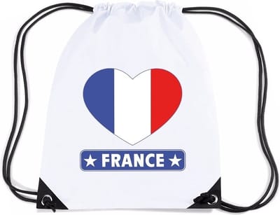 Frankrijk thema sporttas - nylon rijgkoord rugzak - wit met hartjes vlag print - supporters - 11 liter - 45 x 34 cm