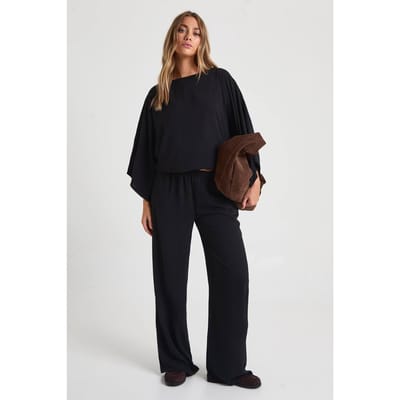 boohoo Dames Slash neck-blouse & wijde pijpenbroek co-ord | Black | Maat: 6