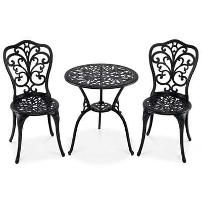 KOMFOTTEU 3-delige bistroset voor buiten, weerbestendige tafel en 2 stoelen van gegoten aluminium met parasolgat, tuinmeubelset