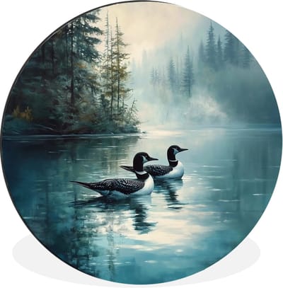 WallCircle - Wandcirkel - Muurcirkel - Bos - Water - Eenden - Mistig - Aluminium - Dibond - 30x30 cm - Binnen en Buiten