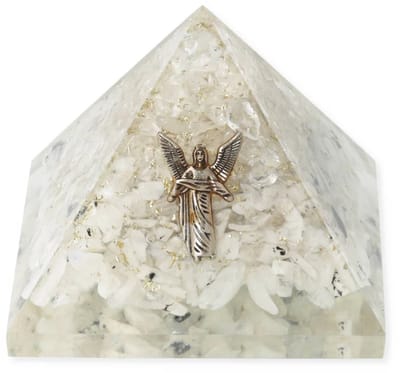 Orgoniet piramide regenboogmaansteen en bergkristal met engel Gabriël – 7 cm x 7 cm x 6 cm